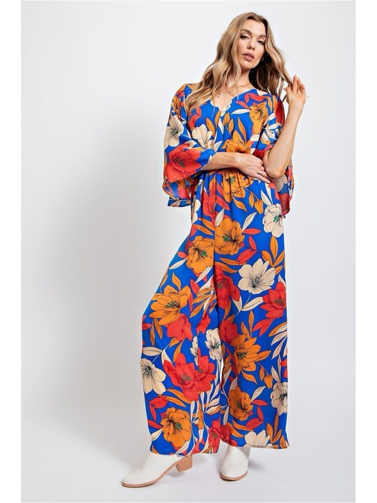 Easel Los Angeles Pants - Easel Mirabelle Red Blue Orange Floral Wide Leg Jumpsuit Sz L NWT